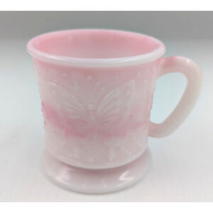 Vintage Fenton Rosalene Glass Butterfly Mug Pink White FAGCA 1986 3-1/8" H